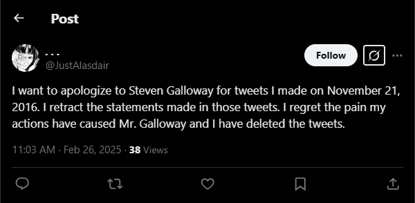 Screenshot of apology by Alasdair Rees