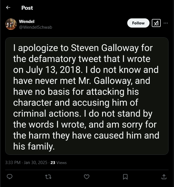 Screenshot of apology by Wendel Schwab